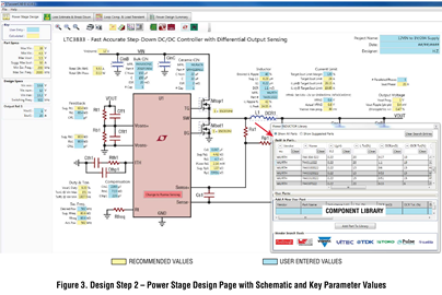 Figure 3. Design Step 2 — Power Stage Design Page with Schematic and Key Parameter Values