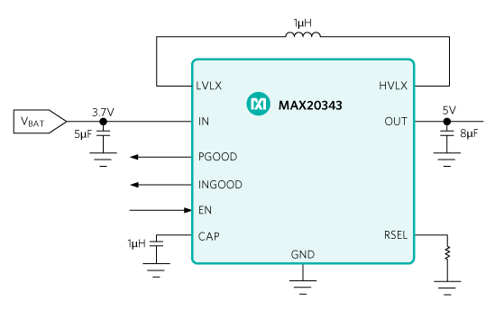 图4. MAX20343升/降压DC-DC转换器，带DVS