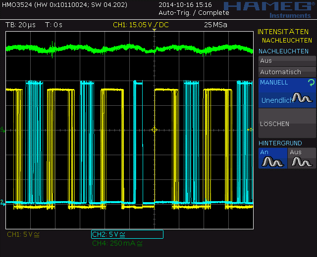 Figure 13. Zoomed-in PWM view of both motor phases and coil current with current-controlled SpreadCycle™ chopper mode.