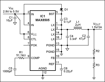 图1. MAX8505内置开关的降压调节器。