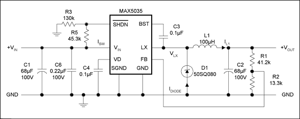 Figure 1. The MAX5035 schematic illustrates step-down converter operation.