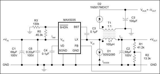 Figure 3a. Transformer serves as the main inductor (auxiliary output referenced to zero volts. T1 = Cooper Bussmann DRQ125-101. (Note the DOT convention for the start of windings.)