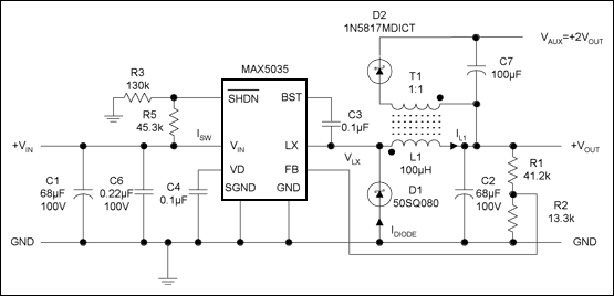 Figure 3b. Transformer as main inductor (+ve auxiliary output referenced to main output). T1 = Cooper Bussmann DRQ125-101. (Note the DOT convention for the start of windings.)
