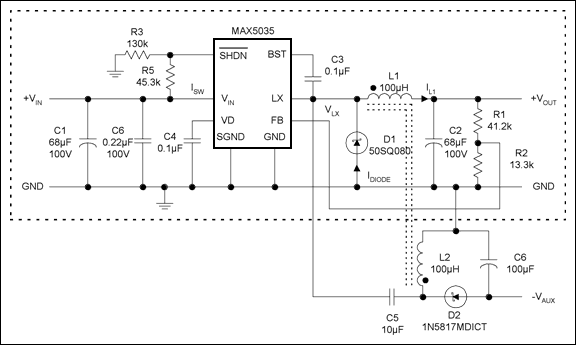 Figure 7. Coupled inductor SEPIC auxiliary supply. L1, L2 = Cooper Bussmann DRQ125-101. (Note the DOT convention for the start of windings.)