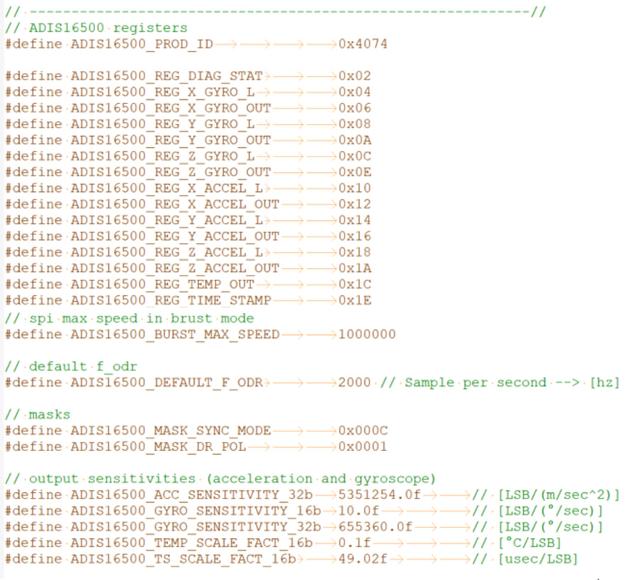 Figure 4. Macros displayed in the ADIS16500 header file (adis16500.h).