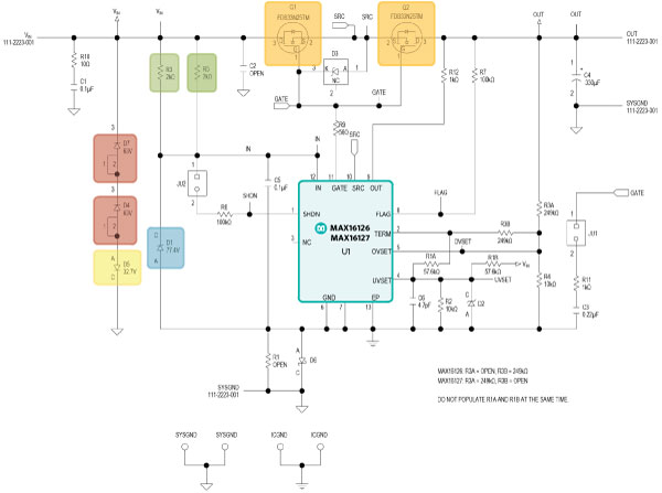 Figure 12. Schematic of a load-dump circuit using the MAX16126