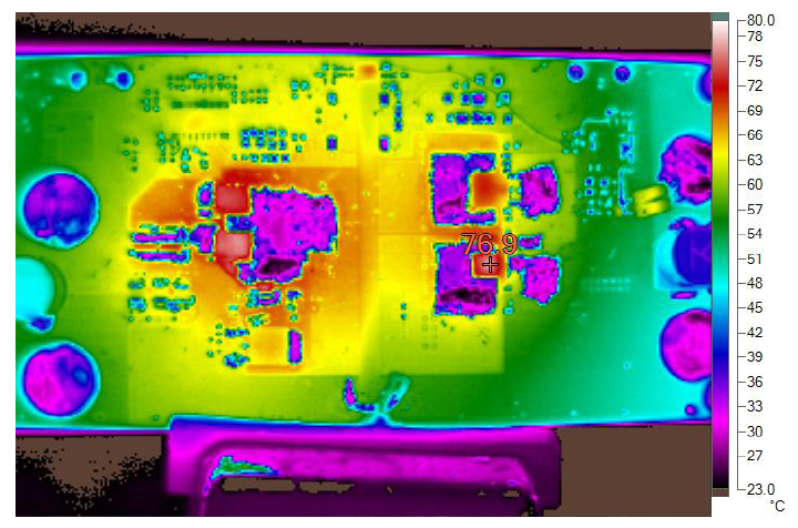 Thermal_Image_at_12Vin_54V_3A_output_without_forced_air_bottom_side Thermal Image at 12Vin to 54V @ 3A Without Forced Air (Bottom Side)