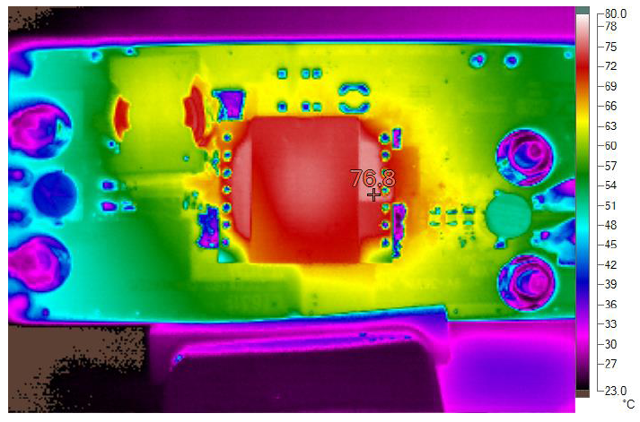 Thermal_Image_at_12Vin_54V_3A_output_without_forced_air_top_side Thermal Image at 12Vin to 54V @ 3A Without Forced Air (Top Side)