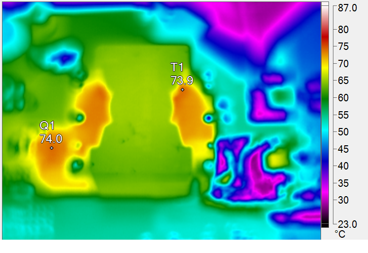 Thermal_Image_at_12Vin,_54V_@_1.5A_Output,_with_No_Forced_Air Thermal Image at 12Vin, 54V @ 1.5A Output, with No Forced Air