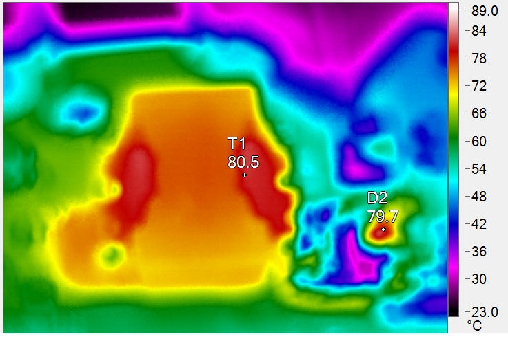 Thermal_Image_at_24Vin,_54V_@_1.5A_Output,_with_No_Forced_Air Thermal Image at 24Vin, 54V @ 1.5A Output, with No Forced Air