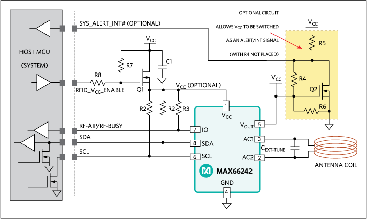 Figure 4. Typical circuit block to enable NFC/RFID capability in any embedded design. This circuit block, when combined with the key features of the MAX66242 secure authenticator tag, lets any embedded system enable new contactless applications for today