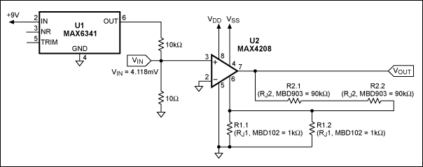 图2. MAX4208配合外置rejustor实现360V/V增益