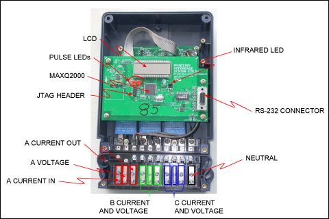 Figure 1. The board layout and connection terminals for the energy-meter reference design