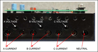 Figure 2. Close-up view of the connectors from the energy-meter reference design to a meter tester