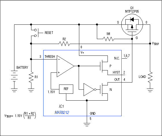 Figure 1. This circuit disconnects the load and battery (at a level of battery voltage determined by R1 and R2) and remains latched in that state until reset by the pushbutton switch.