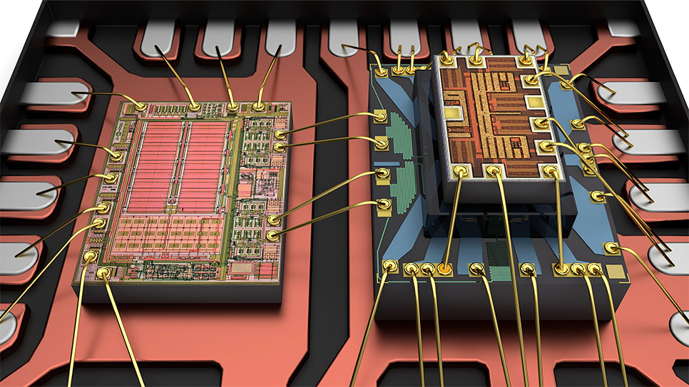 ADGM1004 drive IC (left), MEMS switch die (right), with RF port ESD protection die mounted on top with wire bonds to the metal lead frame