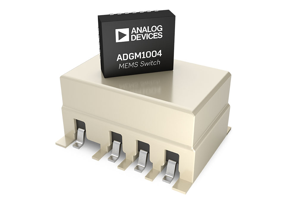 ADGM1004 MEMS switch (four switches) compared to a typical electromechanical RF relay (four switches)