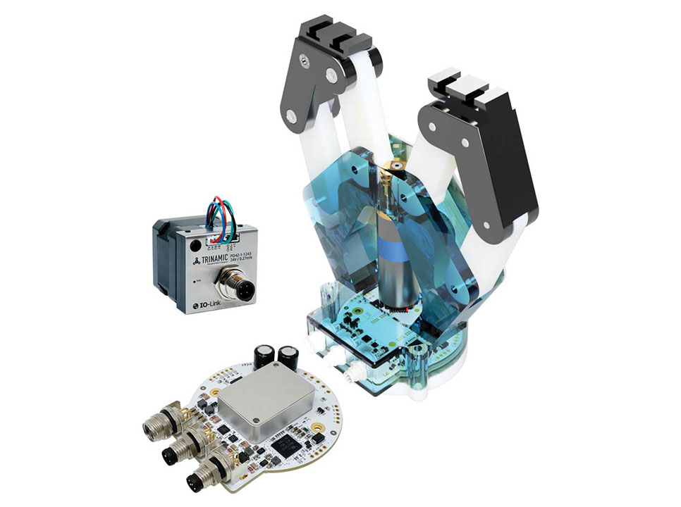 Figure 1. Intelligent actuators—PD42-1243-IOLINK stepper motor and EoAT gripper (TMCM- 1617-GRIP REF).