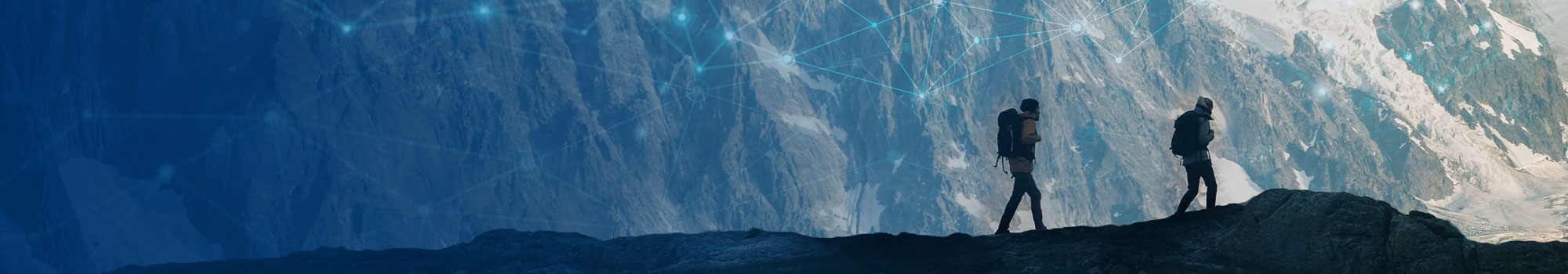 Two people hiking in the mountains with network mesh superimposed
