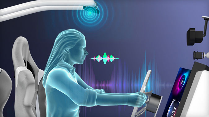 Driver giving a voice command with background noise depicted