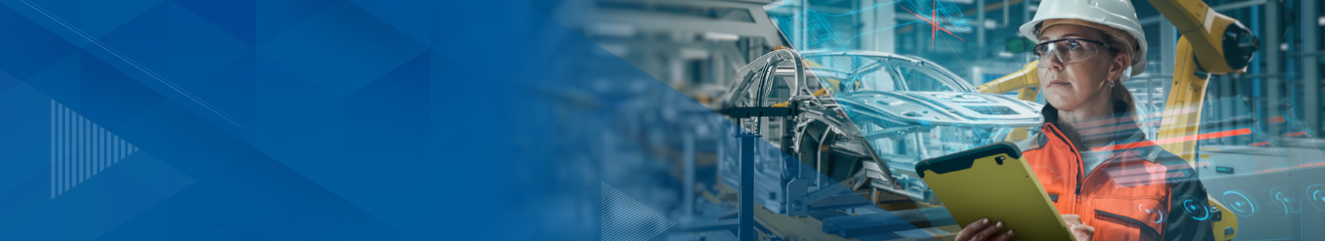 Banner graphic image shows a female techology worker in a factory setting reviewing technical data on tablet device. 