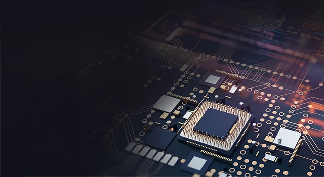 Microchip processor on a dark circuit board with glowing orange data paths.