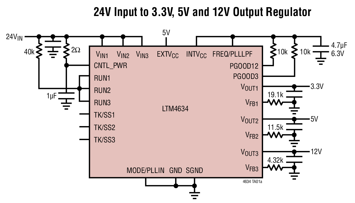 24V Input to 3.3V, 5V and 12V Output Regulator
