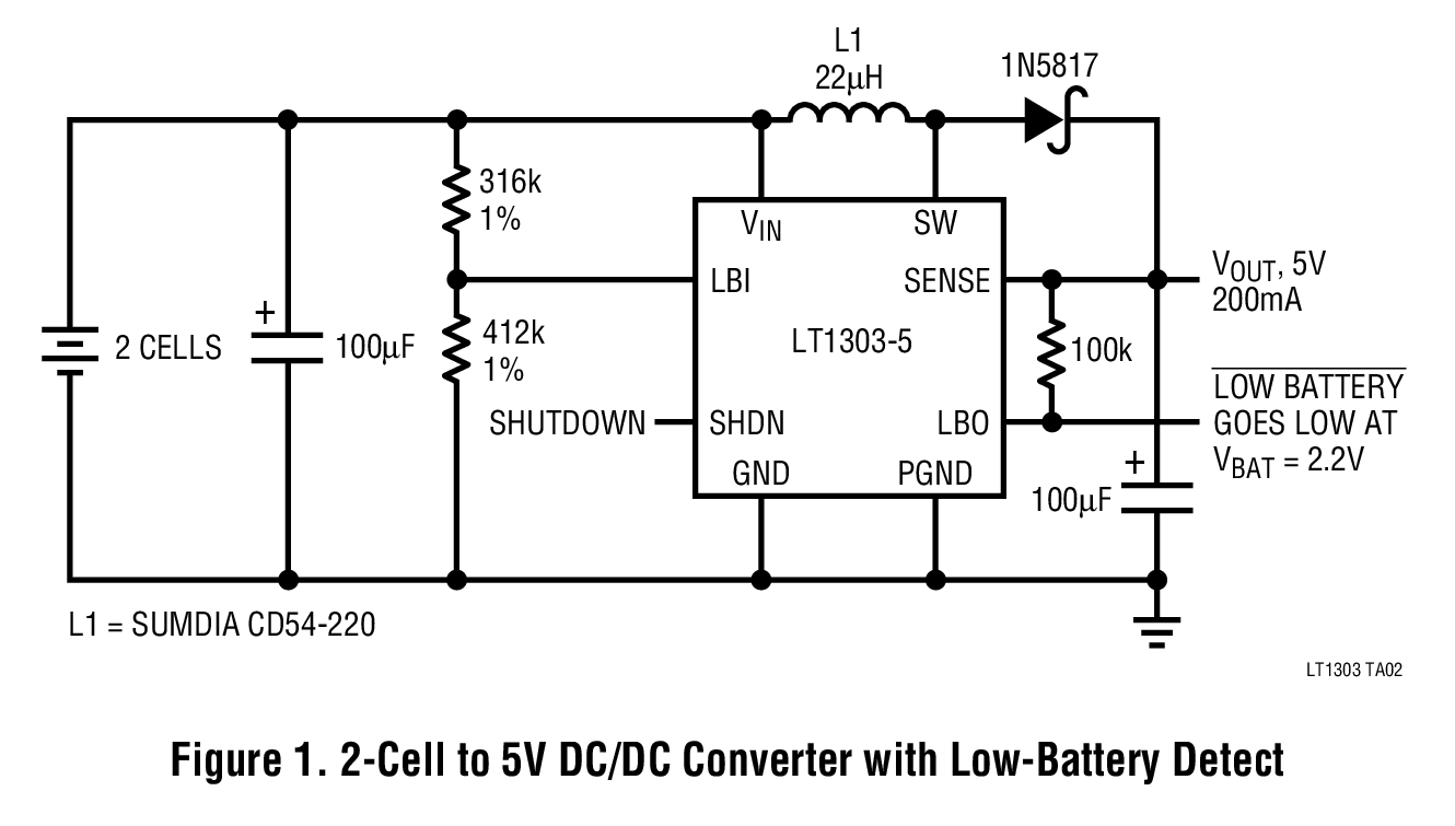 Figure 1. 2-Cell to 5V DC/DC Converter with Low-Battery Detect