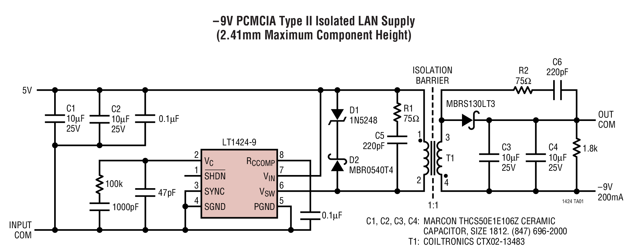 –9V PCMCIA Type II Isolated LAN Supply (2.41mm Maximum Component Height)