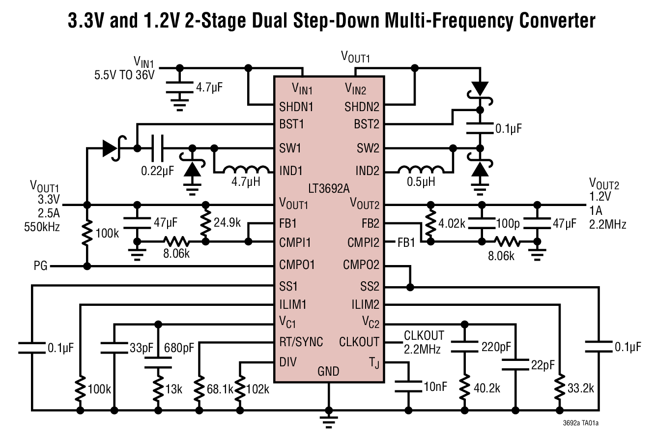 3.3V and 1.2V 2-Stage Dual Step-Down Multi-Frequency Converter