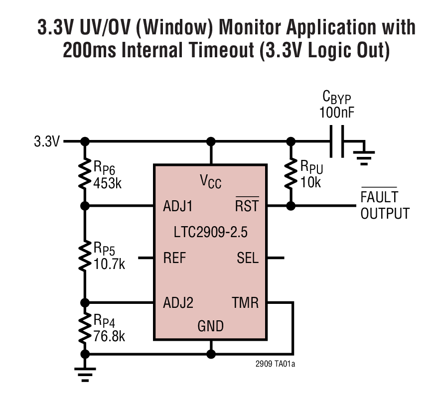 3.3V UV/OV (Window) Monitor Application with  200ms Internal Timeout (3.3V Logic Out)