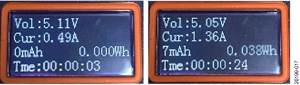 Figure 17. ET910 USB Multimeter Tester Screenshot of Phone A Charging from the Top USB Port (Left) vs. the Lower Port with the DCP Controller (Right)