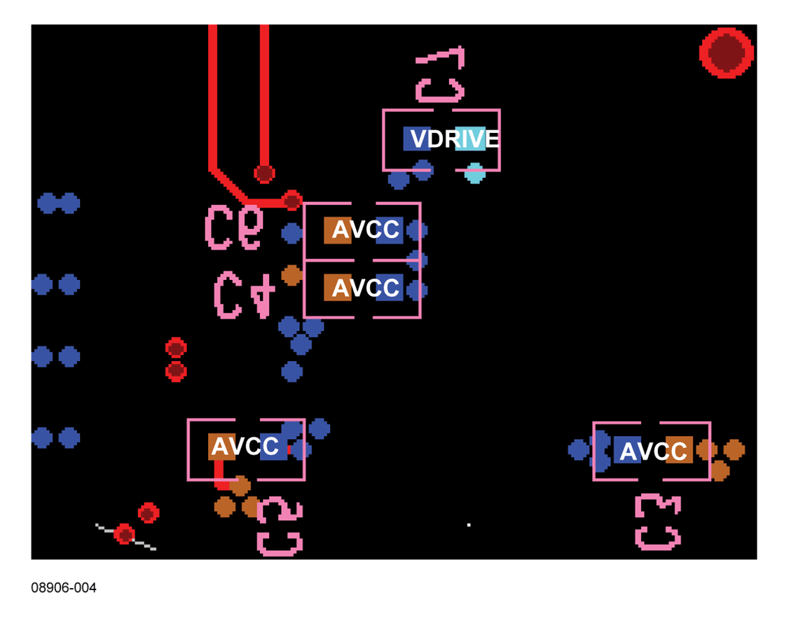 Bottom Layer Decoupling Showing Capacitors on the Four AVCC Pins and the VDRIVE Pin