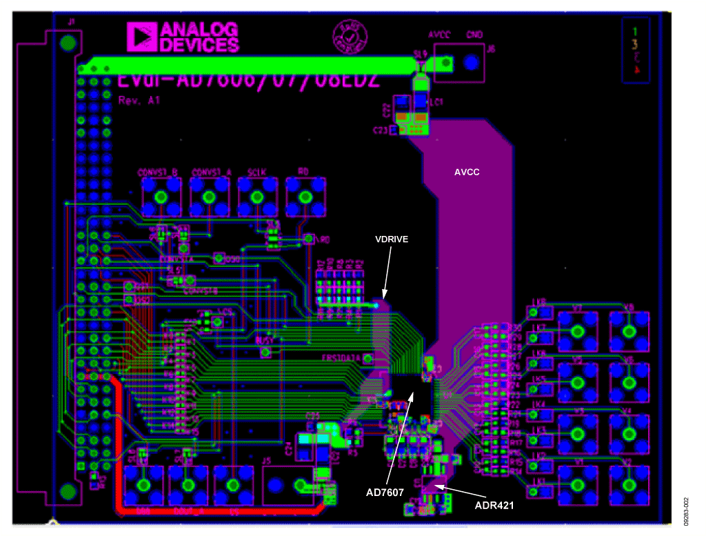 PCB Layout Showing the AD7607 DAS and ADR421 Reference