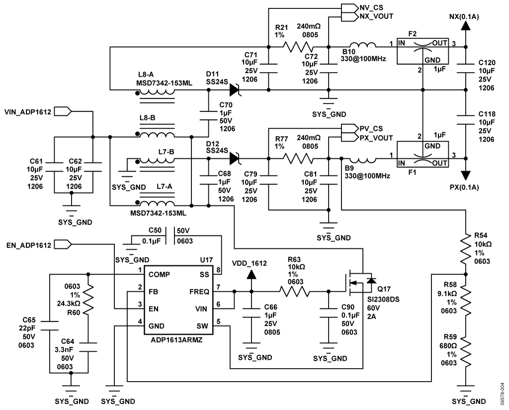 Analog {Px,Nx}(0.1A) Rail Based on Sepic-Cuk Topology Circuit Controlled by the ADP1613