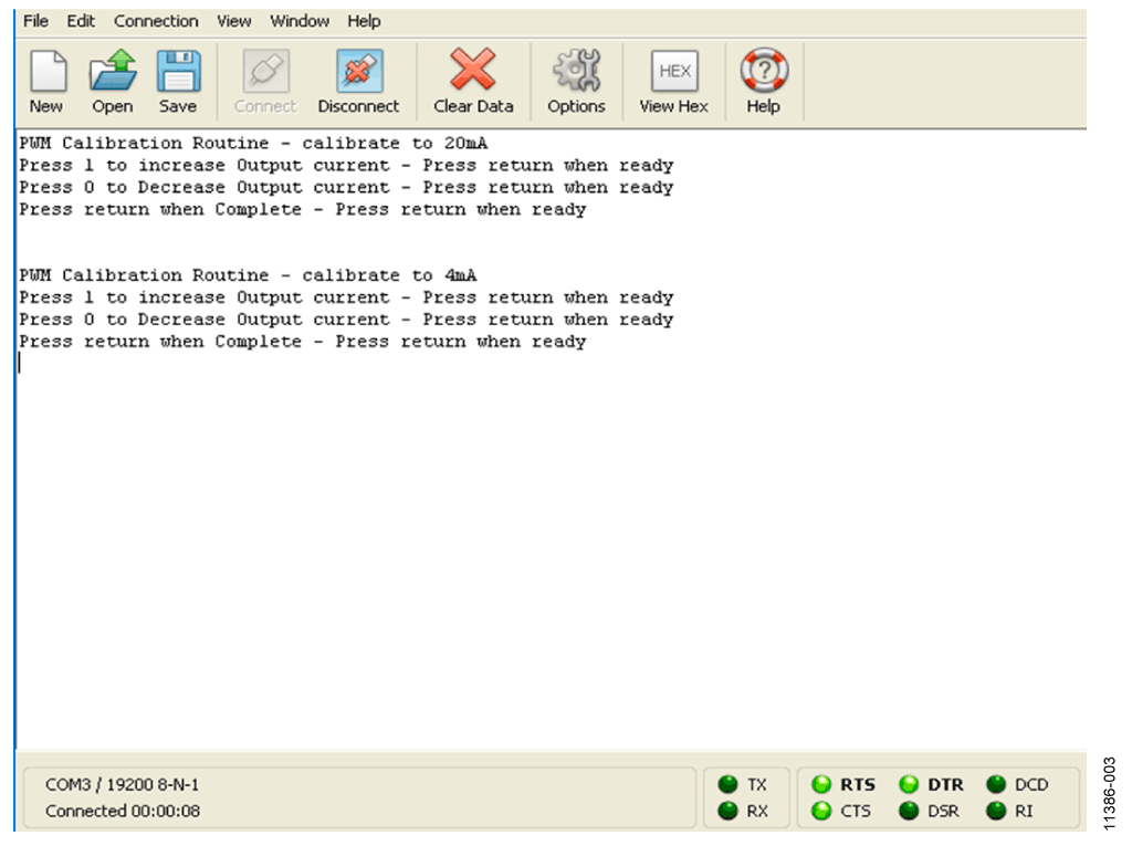 Output of HyperTerminal when Calibrating the PWM