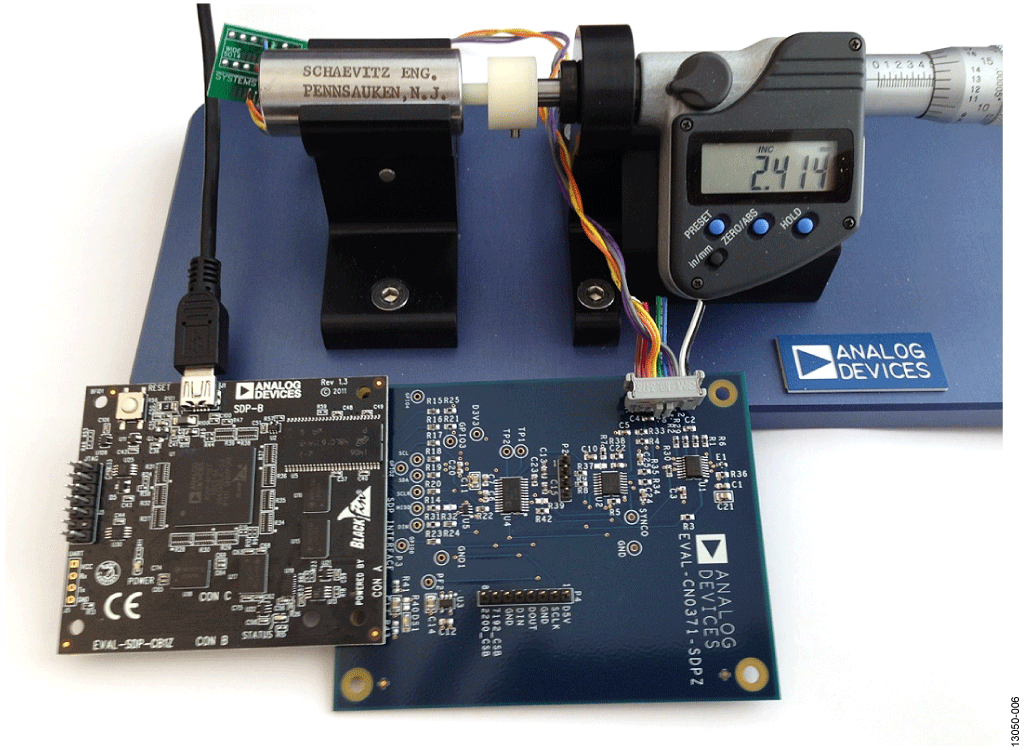 EVAL-CN0371-SDPZ Circuit Board Connected to EVAL-SDP-CB1Z SDP-B Board and LVDT