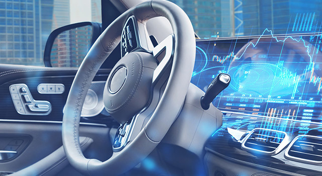Futuristic car dashboard with digital stock market data and financial graphs overlay