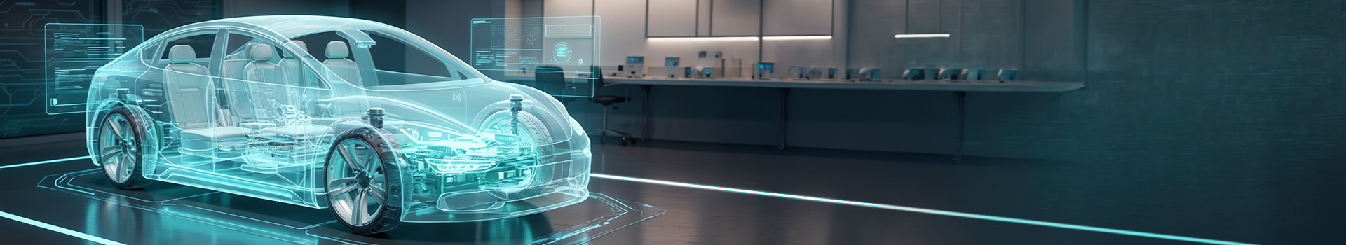 Transparent holographic 3D wireframe of an electric vehicle showing internal components in a futuristic automotive design lab