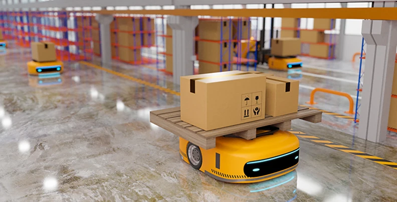 Automated robots moving cardboard boxes on pallets in a warehouse.