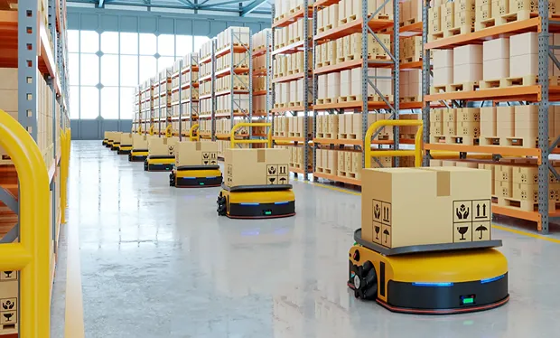 Automated warehouse with robots carrying boxes.