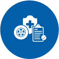 car tire, checklist and a safety badge icon