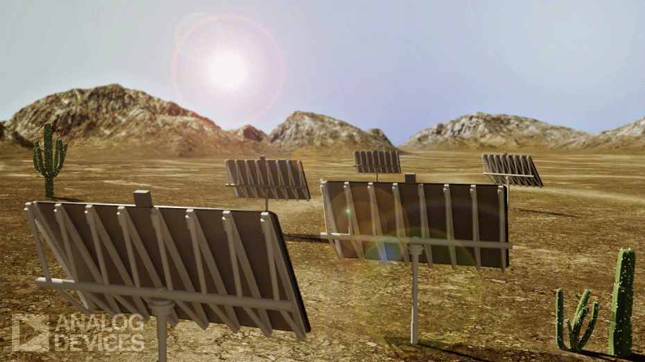 Animated visual describing how heliostat technology controls the motion of panels to move with the sun's path.