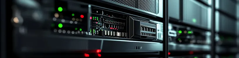 Close-up of server rack lights in a data center.