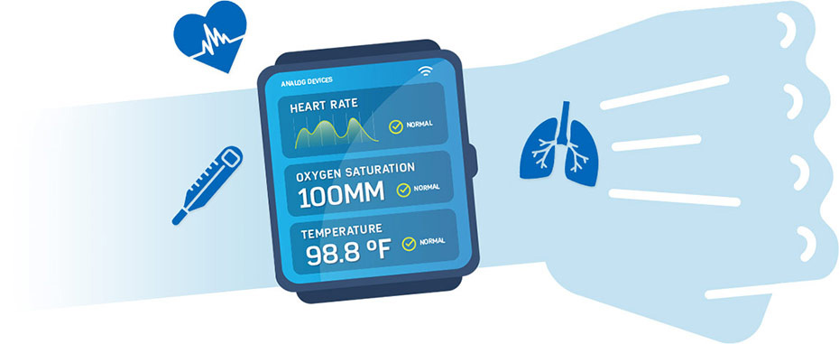 Blue illustrated hand with smart watch and healthcare icons