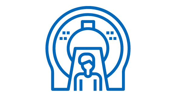 Blue icon of person going into CT scanner with blue square border