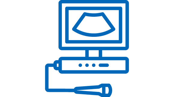 Blue icon of ultrasound device with blue square border