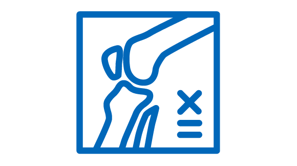 Blue icon of bone joint with blue square border