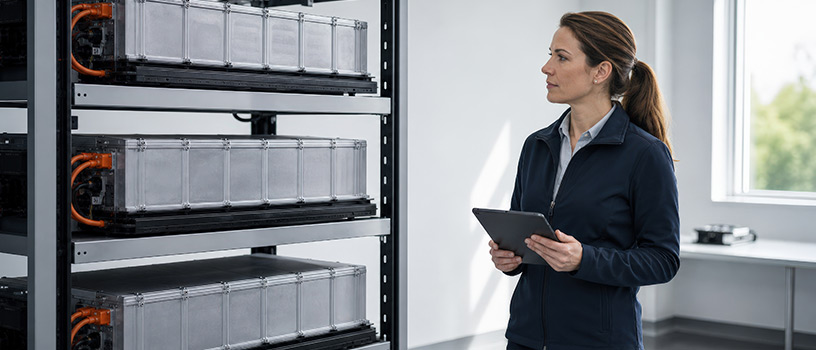 Engineer inspecting industrial battery packs on a rack with a tablet.