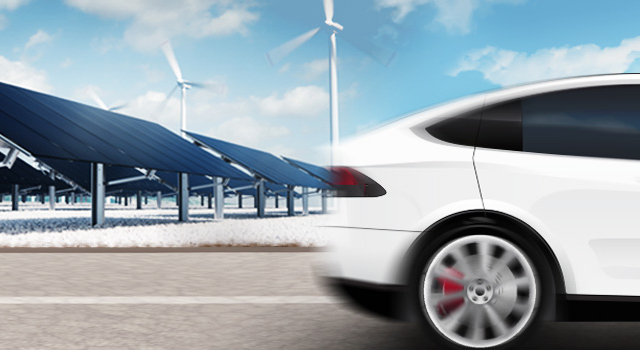 Electric vehicle driving in front of wind turbines and solar storage containers
